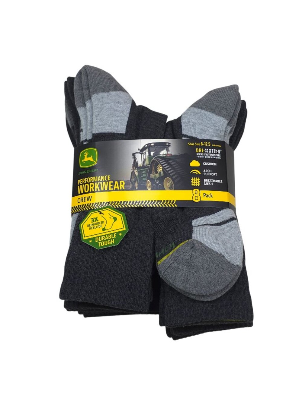 John Deere Performance Workwear Crew Socks 8-Pack Moisture-Wicking Arch Support